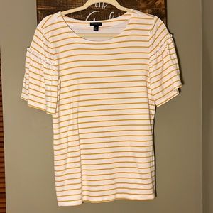Ann Taylor Striped Mustard/Cream flutter sleeve Top